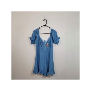 Vestique Blue Ruffle Front Button Short Sleeve Romper Women's L